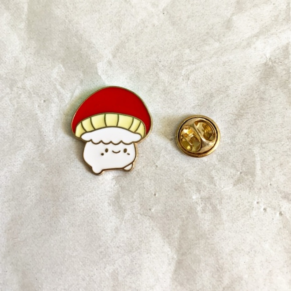 New Cute Kawaii Chubby Mushroom Man Enamel Pin - Red White Gold 1”